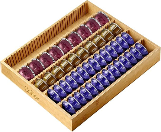 Bamboo Coffee Pod Storage Holder Drawer Insert K Cup Holder Pod Organizer Compatible with Nespresso Vertuo Vertuoline Capsules for Kitchen, Home, Office, Coffee Station Counter