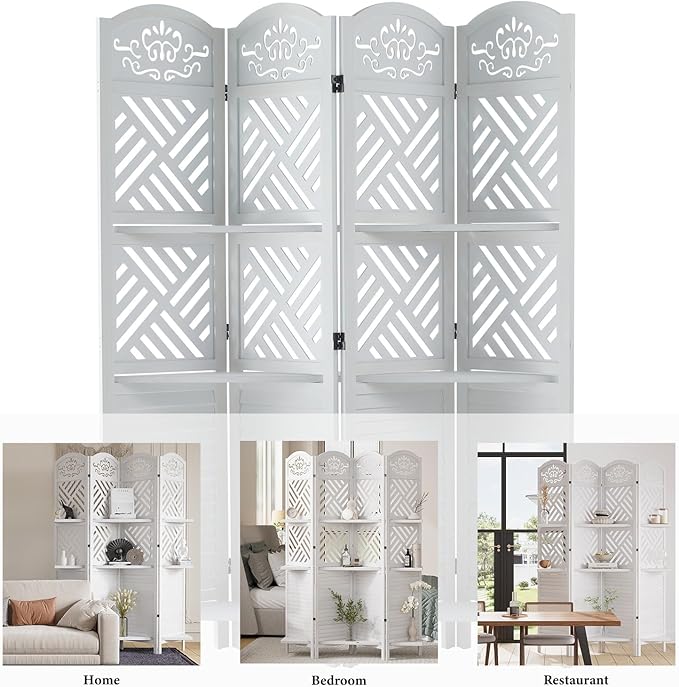Room Divider with Shelves, 5.75ft Tall Folding Wood Carved Screen with Double Hinges for Home Office Bedroom Hotel Decoration (4 Panels, Pure White)