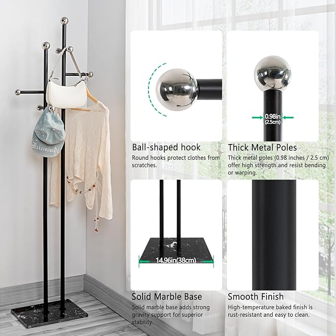 JIAYUEJU Coat Rack Freestanding with Marble Base, Heavy Duty Metal Clothes Rack, Corner Coat Tree Hat Rack for Entryway Bedroom Living Room Hotel 14.96 x 10.24 x 68.9 Inches (Black)