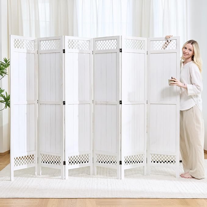 Privacy Screen Room Divider Panel - 67 Inch Tall Natural Wood Folding Partition Room Dividers, No-Assembly Required, Enhance Privacy and Aesthetic Appeal, Ideal for Home or Office White 6 Panel