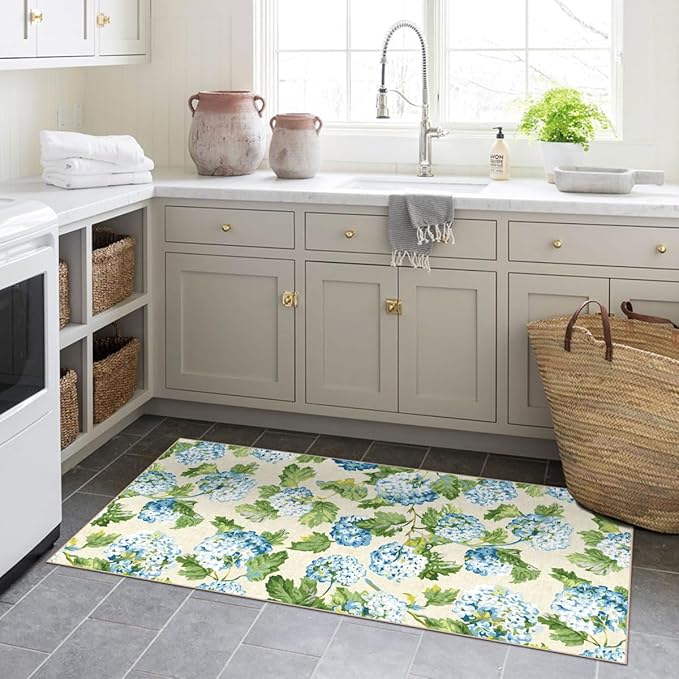 Front Door Mat Indoor Entrance - 2x4.3 Ft Spring Washable Layered Doormat Outdoor Entrance Porch Rug Non-Slip Light Blue Green Floral Runner Rug for Kitchen Bedroom Laundry Room Porch Decor