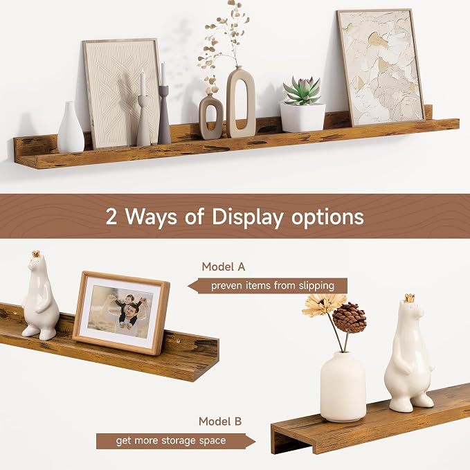 Fun Memories Picture Ledge Shelf, 32 Inch Floating Shelves Set of 2, Large Nursery Book Shelves for Toys Storage, Kids Bookshelf Wall Mounted for Wall Decor Books Photo Frames, Rustic Brown