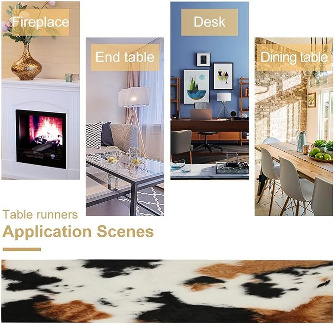Cowhide Table Runne Vintage Cow Print 3D Rustic Theme Animal Fur Skin Farm Dining Table Decoration for Kitchen Dining Room Holiday Party Decor 13x36in
