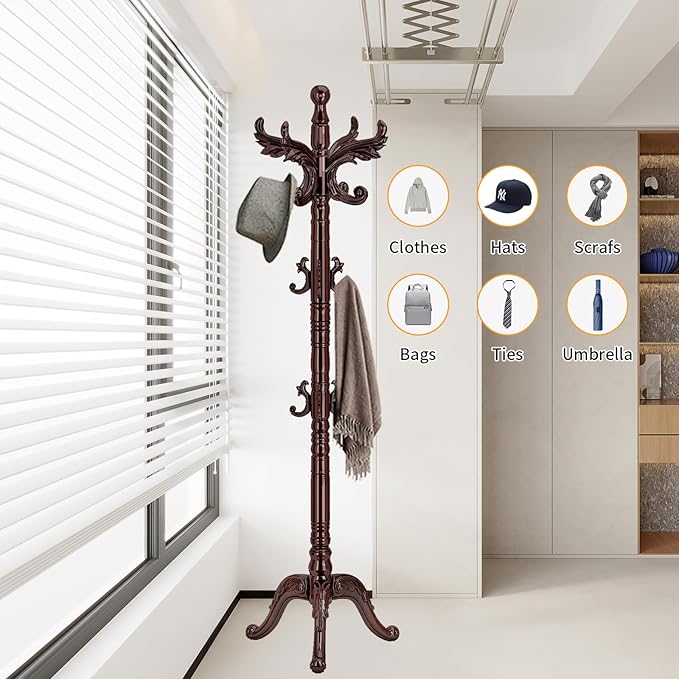 Snaikor Wooden Coat Rack Stand Sturdy Triangle Base, Natural Birch Wood Coat Racks Freestanding, Vintage Solid Wood Coat Tree Stand with 14 Hooks, Classic Sturdy Coat Racks Hall Tree for Entryway