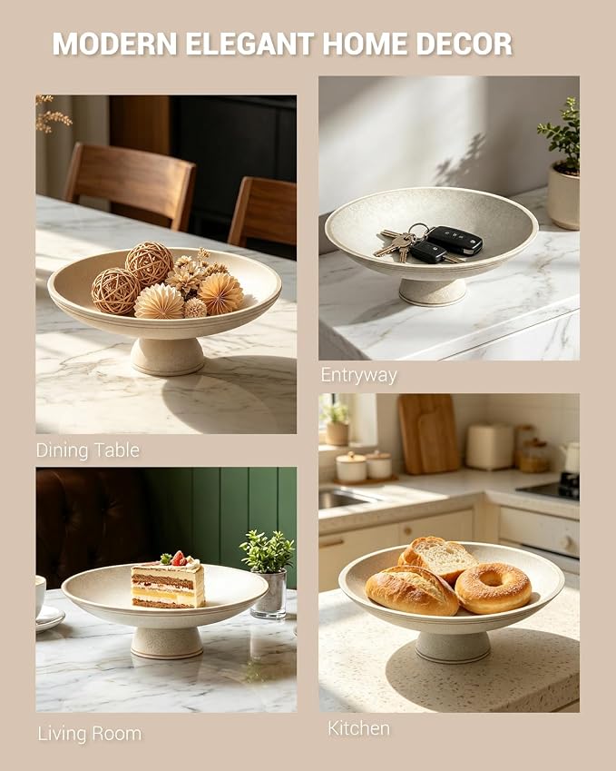 Large Decorative Bowl, Handcrafted Beige Resin Pedestal Centerpiece, Fruit Bowl for Kitchen Counter, Durable Catch-All Dish and Entryway Key Holder, Modern Home Decor, 11.7 in