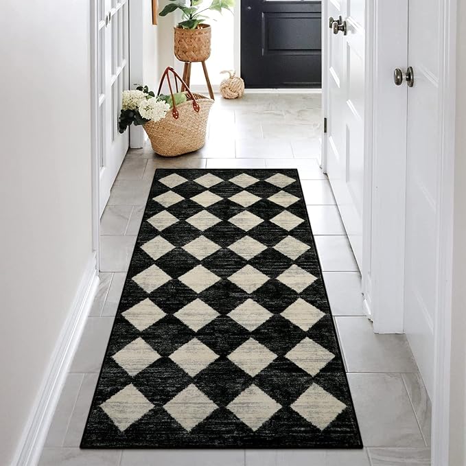 Lahome Zelie Washable Black and White Kitchen Runner Rug, 2x5 Soft Non Slip Laundry Room Bathroom Runner Rugs, Moroccan Trellis Low Pile Carpet Runners for Entryway Bedside
