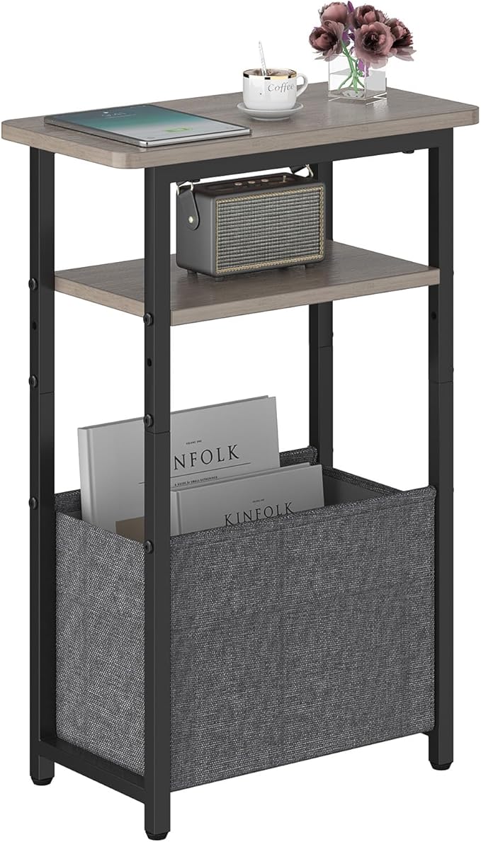sthmec Narrow Side Table, Skinny End Tables with Fabric Basket, Small Side Tables for Small Space, 2-Tier Open Shelves with Basket, Slim Nightstands for Bedroom,Living Room,Office, Grey