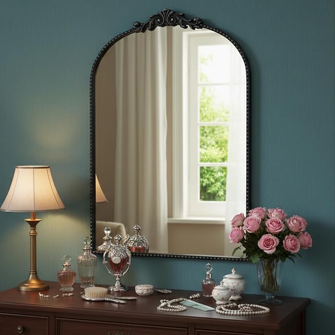 ZIYOO Vintage Baroque Arched Wall Mirror 36"x24", Black Ornate Antique French Traditional Decor Mirror for Entryway Living Room Fireplace (Black Metal,36" x 24")