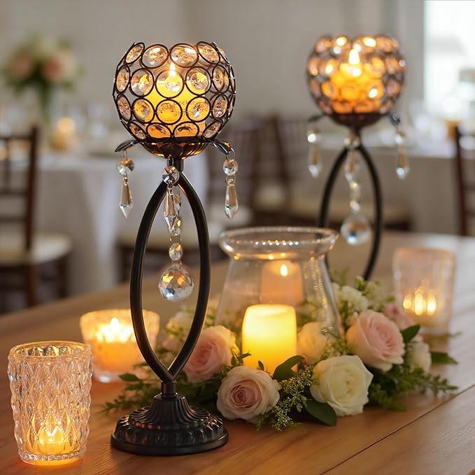 2 Pcs Elegant Metal Crystal Tea Light Candle Holders with Crystal Pendants, Hollow Design - Wedding Table Centerpieces for Anniversary Birthday Party, Home Decor (6, Black)