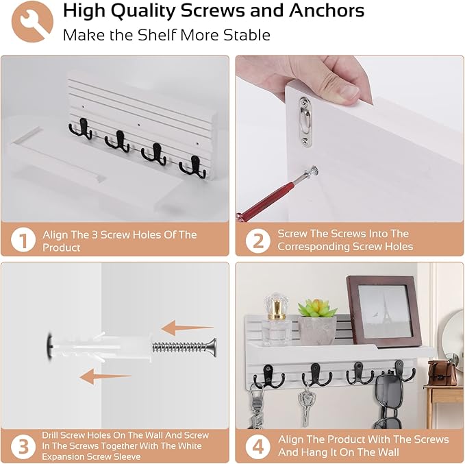 Decorative Key Hanging Rack with 4 Double Hooks – Easy Install Natural Wooden Key and Mail Holder for Wall Mount – Entryway Decor Rack with Shelf (White)