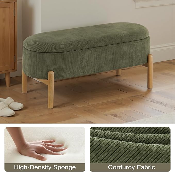 Storage Bench Ottoman, Upholstered Corduroy Storage Bench for Bedroom End of Bed, Modern Aesthetic Furniture, Large Oval Ottoman Bench for Foot of Bed, Living Room, Entryway, Under Window (Green)