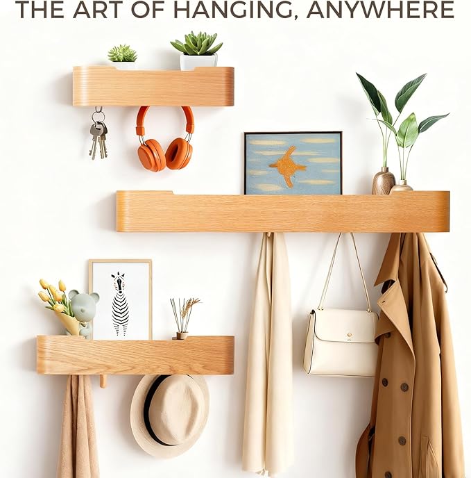 Coat Rack Wall Mount with Shelf Entryway Shelf Modern Key Holder Hanger Wall Shelves with Hidden Hooks for Hanging Towels Coats Hats Bags for Hallway Bathroom Bedroom(Oak, 4 Hooks)
