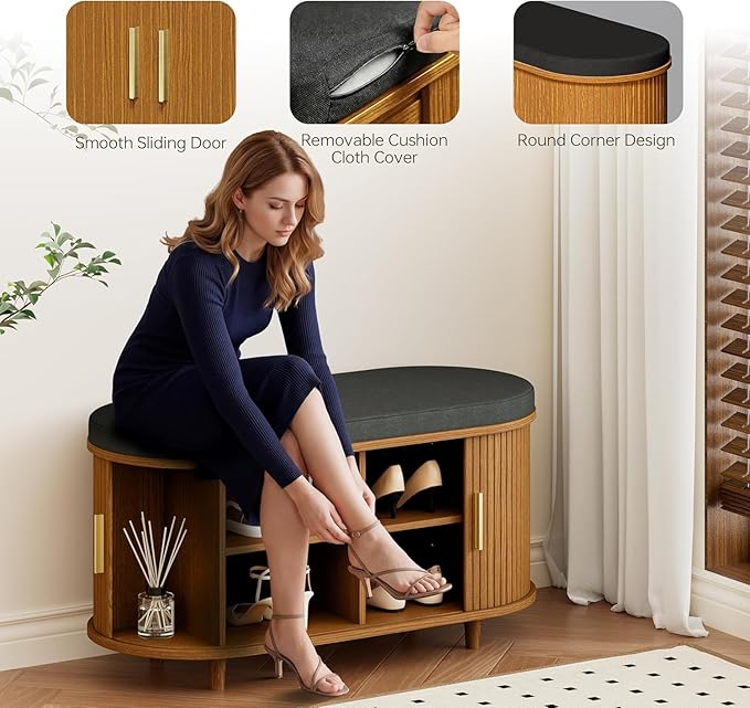 Entryway Bench with Storage: 35.4" Wooden Bedroom Shoe Bench with Thickened Padded Seat Cushion, Mid Century Modern Fluted Sliding Door and Adjustable Shelf, for Entryway, Living Room