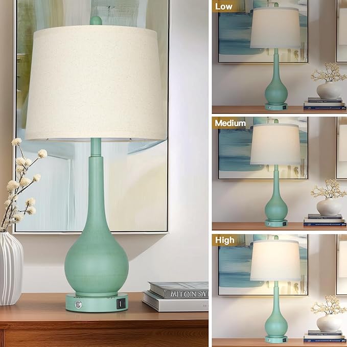 26" Farmhouse Table Lamps for Living Room Set of 2, 3-Way Dimmable Touch Control Bedside Lamp with USB A+C Ports, Retro Green Nightstand Lamps for Bedroom (2 LED Bulbs Included)