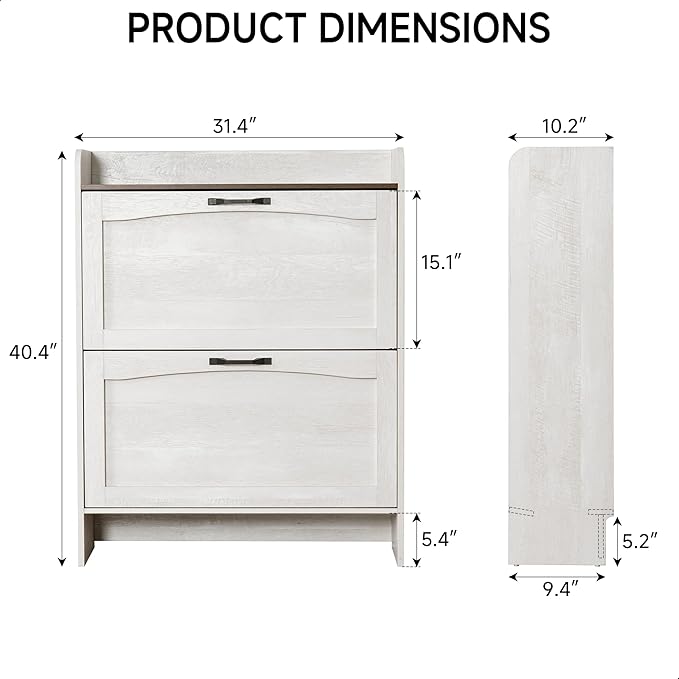Narrow Shoes Storage Cabinet, Entryway Storage with 2 Flip Drawers, Farmhouse Shoe Organizer with Removable Shelves, Anti-Drop Top Fence, 40.4H x 31.4W (Warm White Grayish)