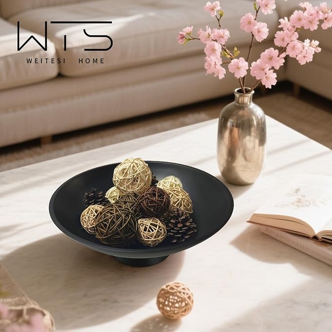 Large Decorative Fruit Bowl for Kitchen Counter, Modern Resin Pedestal Bowl for Home Decor, Stylish Key Bowl for Entryway Table, Decorative Bowl for Coffee Table Decor, Artificial Stone Black