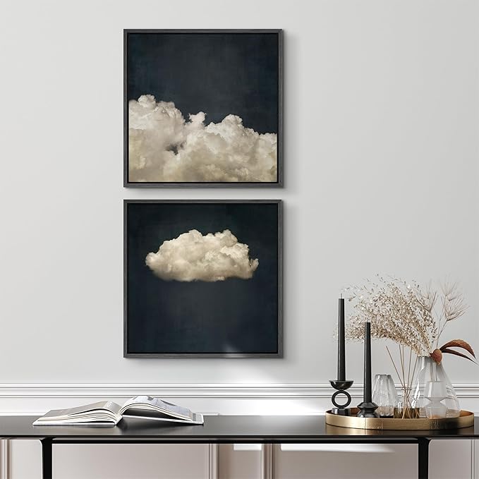 SIGNFORD Framed Canvas Print Wall Art Set Vintage Cloud Soft Neutral Sky Illustrations Modern Art Minimal Relax/Calm for Living Room, Bedroom, Office - 16"x16"x2 Black