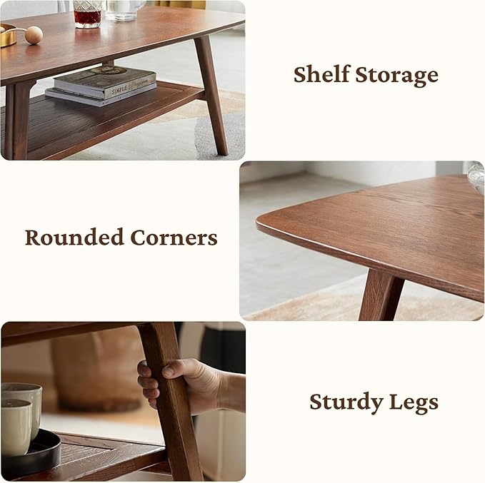 100% Solid Wood Coffee Table with Storage Shelf, 2-Tier Wooden Center Table for Living Room, Farmhouse Rustic Rectangle Table, Easy Assembly, 39.37inch