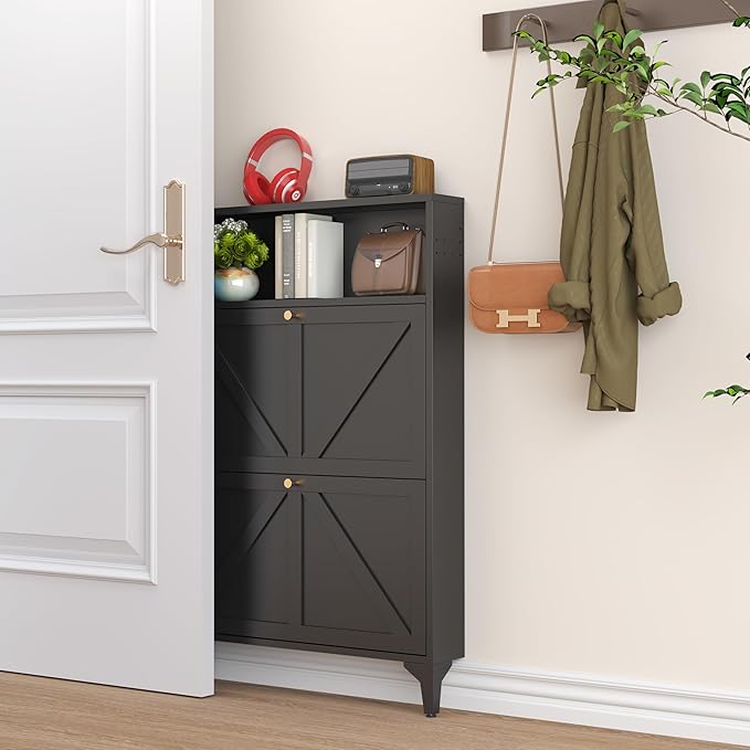 Farmhouse Shoe Storage Cabinet with 2 Flip Drawers, Slim Shoe Cabinets and Barn Door Design, Modern Hidden Slim Narrow Shoe Rack Cabinet for Foyer, Front Door,Living Room,Hallway, Black