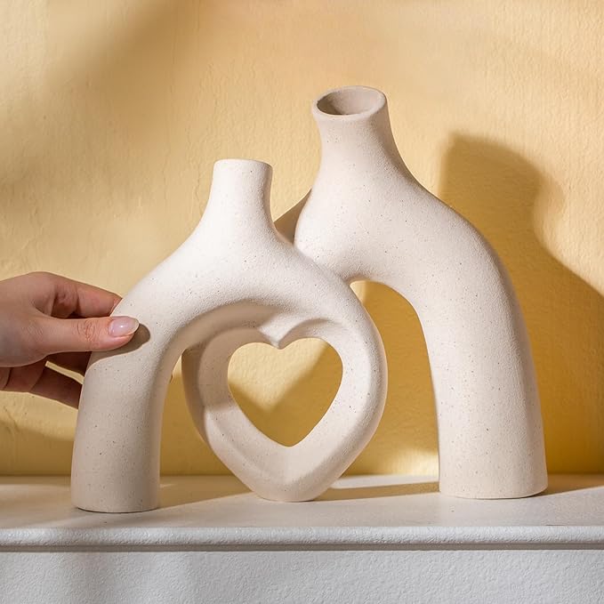 Liotww Snuggle Hollow Hug Donut Ceramic Vase, 8.3 Inch Modern Nordic Boho Style Aesthetic Decorative Flower Vases for Home Decor Pottery Barn Dining Living Room Table Shelf (Milky White)