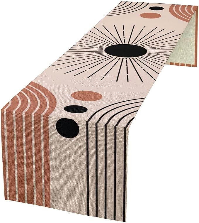 Boho Sunburst Table Runner, Abstract Geometric Waves Sun Mid Century Modern Decor Table Runner for Kitchen Dining Home Party, 13x60 Inch