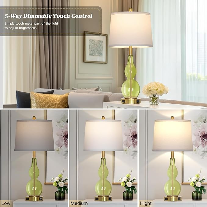 Rinweey 27.5" Green Glass Double Gourd Table Lamp Set of 2,3-Way Dimmable Touch Control Bedside Lamps with USB Ports and AC Outlet, Nautical Nightstand Lamps for Bedroom Living Room