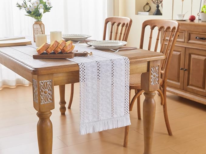 YATOJUZI White Table Runner Pure White Boho Table Runners with Tassels Seasonal Long Table Runner Rustic Farmhouse Table Runners for Christmas Centerpieces Dining Bedroom Kitchen Decor 12x95 Inches