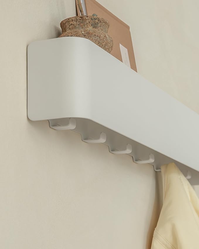 Kazai. Coat Rack Wall Mount with Shelf 'Tone' | Modern Design Coat Hanger with Hidden Hooks and Storage | Hat Rack with Shelf in Metal | Wall-Mounted Purse Organizer | White