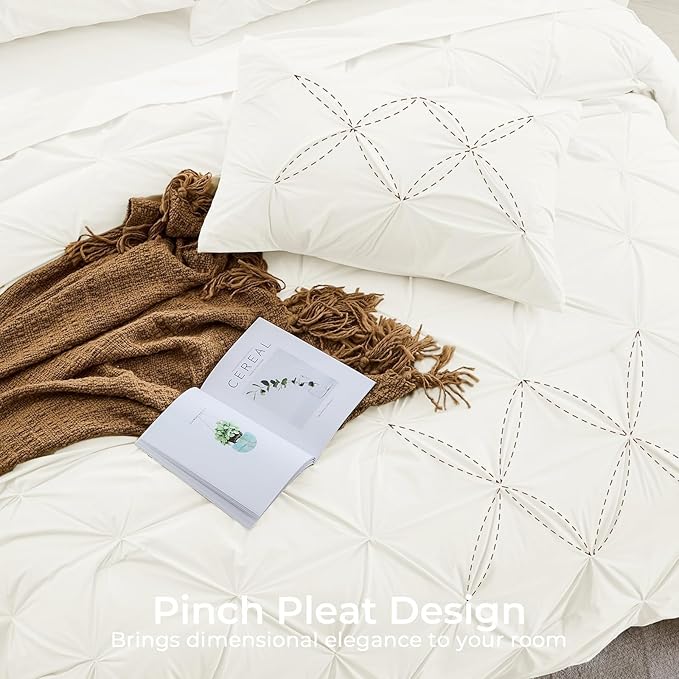 Sasttie King Size Comforter Set, 7-Piece Bed in a Bag, Pintuck Bedding Set for All Season, Includes Comforter, Flat Sheet, Fitted Sheet, Pillowcases and Pillowshams, Ivory