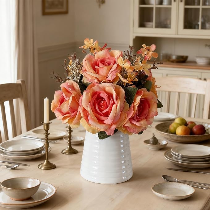 Artificial Rose Bouquet in White Ceramic Vase, Orange Silk Flowers with Decorative Leaves, Realistic Floral Arrangement for Home Decor