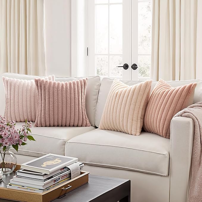 MIULEE Faux Fur Plush Decorative Throw Pillow Covers 18x18 Set of 4, Valentine's Day Cute Modern Soft Romantic Fuzzy Striped Cushion Covers for Sofa Couch Bed Living Room Cozy Home Decor,Pink