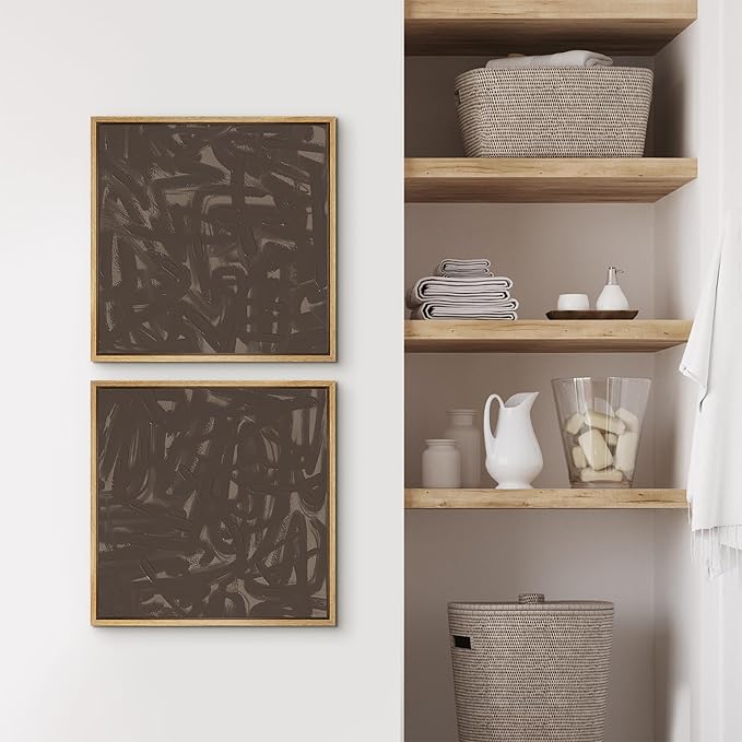 SIGNFORD Framed Canvas Print Wall Art Set Abstract Expressionist Brushstroke Bold Brown Illustrations Modern Art Minimal Relax/Calm for Living Room, Bedroom, Office - 16"x16"x2 Natural