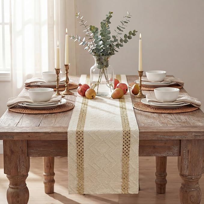 Artoid Mode Burlap Brown Stripe Woven Table Runner, Seasonal Holiday Hollow Kitchen Dining Table Decoration for Home Party Decor 12x36 Inch