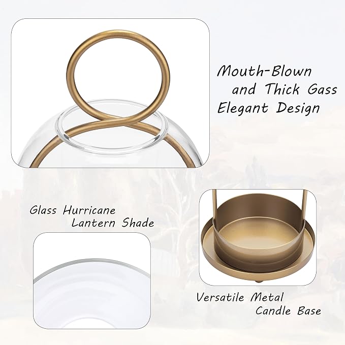 Hurricane Candle Holders Set of 2, 5" & 4" Metal and Glass Candle Lantern with Clear Dome for Pillar Candle, Wedding & Christmas Table Centerpiece, Farmhouse Home Decor (Brass, Large & Small)