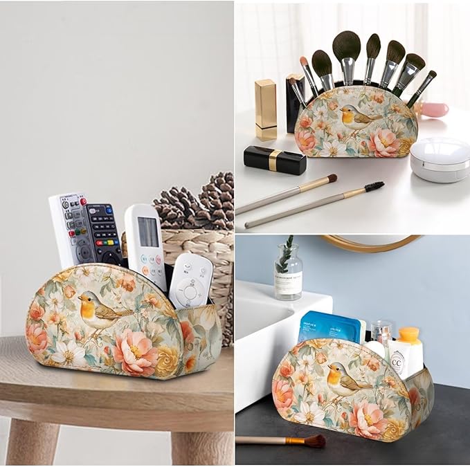 Vintage Bird Flower Print TV Remote Holder with 5 Compartments, Office Desk Organizers - Vanity Organizers/Nightstand Accessory,Storage for Jewelry/Cosmetic Brushs/Pens Yellow