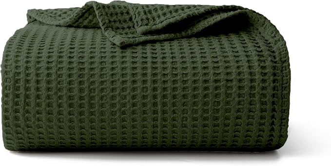 100% Cotton Waffle Blanket (Green - King Size - 104 * 90''), Pre-Washed and Anti-Shrinkage Soft Lightweight Bed & Couch Blanket, 380 GSM Waffle Weave Throw Blanket for All Seasons