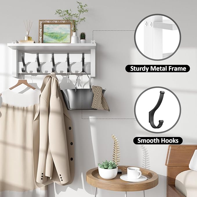 Optish Coat Rack Wall Mount with Shelf, 17.1 Inch Coat Hanger Walls Mounted, Hat Rack for Walls, Shelf with 5 Coat Hooks, Wall Hanger for Entryway (White)