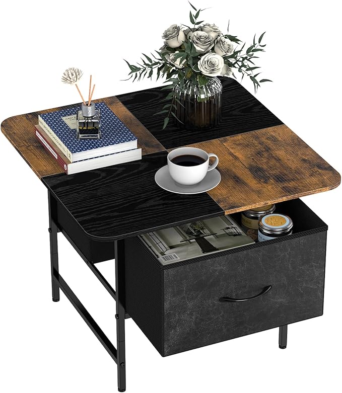 SHINOSKE Square Coffee Table with Round Corners,2 Tier Farmhouse Small Coffee Table for Small Space,Modern Low Center Living Room Tables with 2 Storage Drawers for Apartment,Office,Outdoor,Black Brown