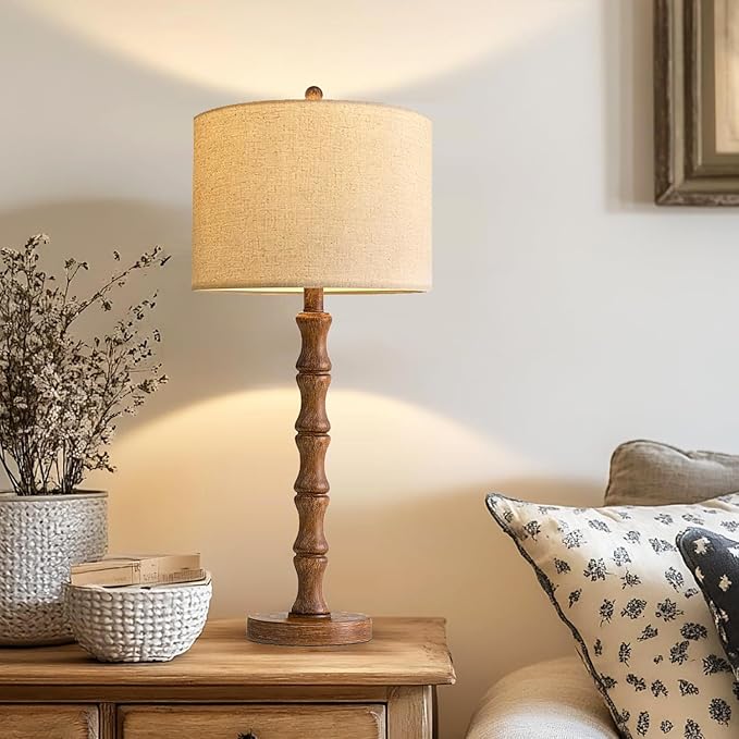 ILLMTW Wood Table Lamp Set of 2,Vintage Buffet Lamps Mid Century Bedside Lamp Wooden Nightstand Lamp Farmhouse Retro Side Tall Table Lamp Rustic Boho for Bedroom Living Room