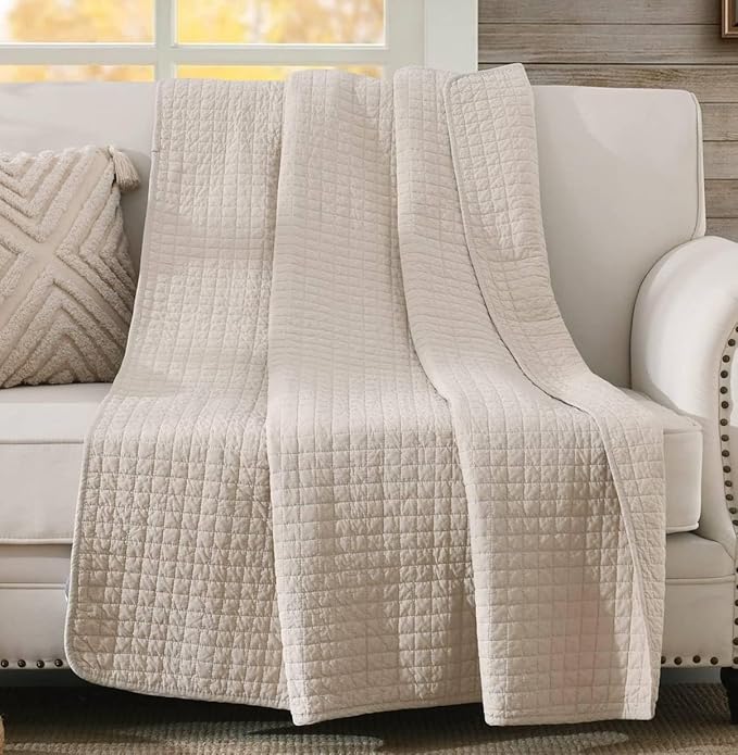 100% Cotton Quilted Throw Decorative Throw Blanket Multi Color Super Soft Warm Indian Vintage Reversible Quilt for Sofa and Couch 50"x60" (Natural Beige)