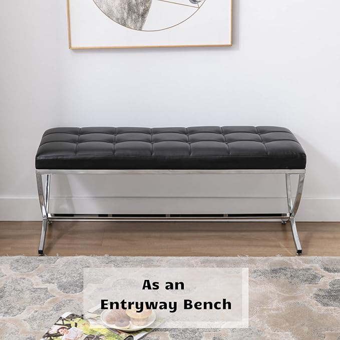 HEAH-YO Modern Dining Bench for Table, Button Tufted Ottoman Bench with Metal Legs, Upholstered PU Faux Leather Footstool for Living Room Entryway, Black