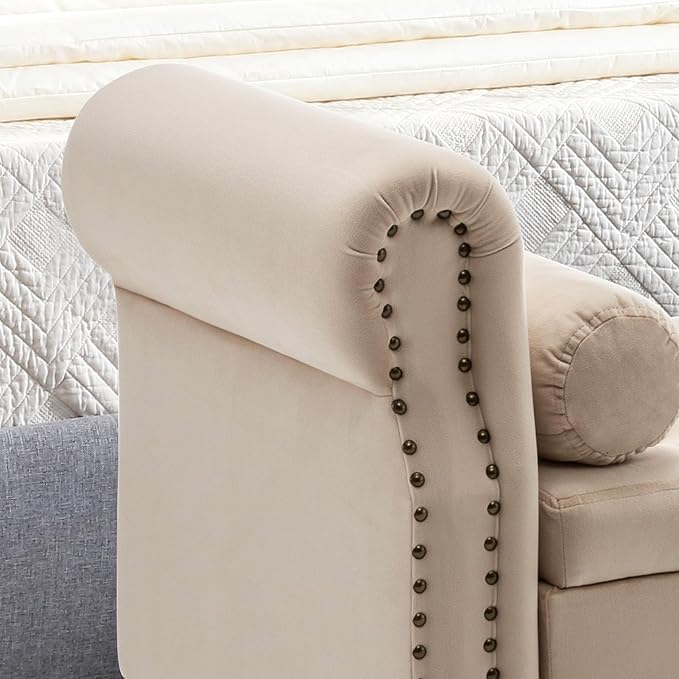 End of Bed Storage Bench King Size, 67" Storage Bench for Bedroom, Velvet Bed Bench with Storage Upholstered Tufted Storage Ottoman Bench with Arms for Bedroom, Living Room, Entryway,Khaki