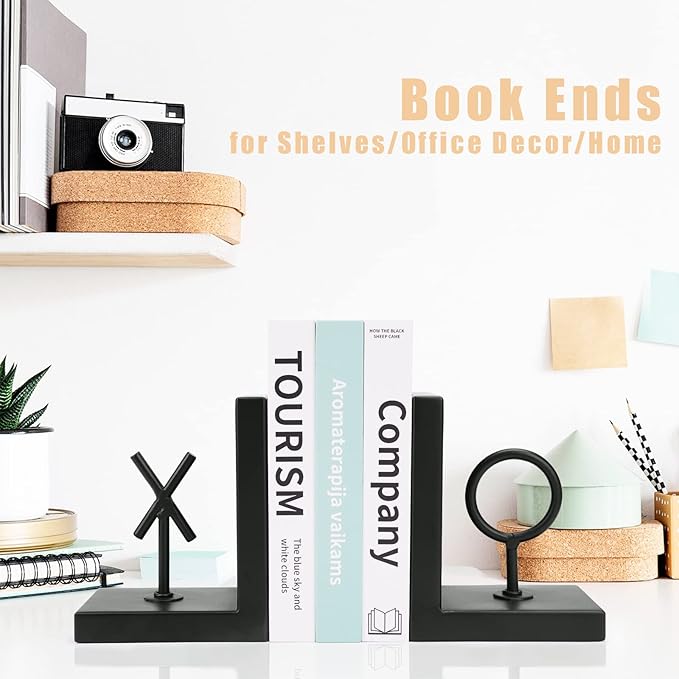 Book Ends Black Bookends Heavy Duty Decorative Bookends to Holders Books Unique Modern Book end Metal Book Stoppers for Shelves/Office Decor/Home,Book Holders Nonskid (Black)