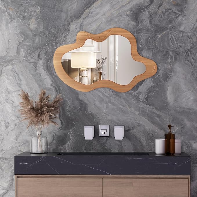 36" x 24" Irregular Wall Mirror, Wooden Framed Asymmetrical Wavy Wall Mirror for Living Room Bedroom Entryway Bathroom Modern Decorative, Hanging Hooks