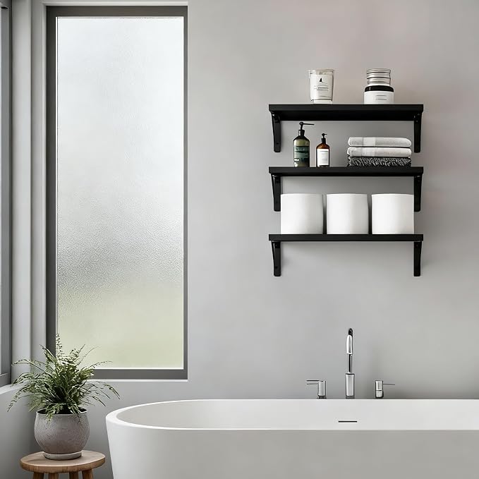 Fixwal Black Shelves for Wall, Wood Wall Mounted Floating Shelves for Bedroom, Bathroom, Living Room, Kitchen Storage and Decor(Black, Set of 3, 16.5 Inch)