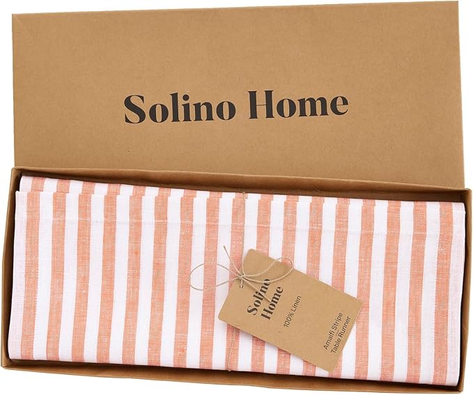 Solino Home Striped Linen Table Runner 90 Inches Long - Amalfi Stripe 100% Pure Linen Orange and White Dining Table Runner 14 x 90 Inch for Summer