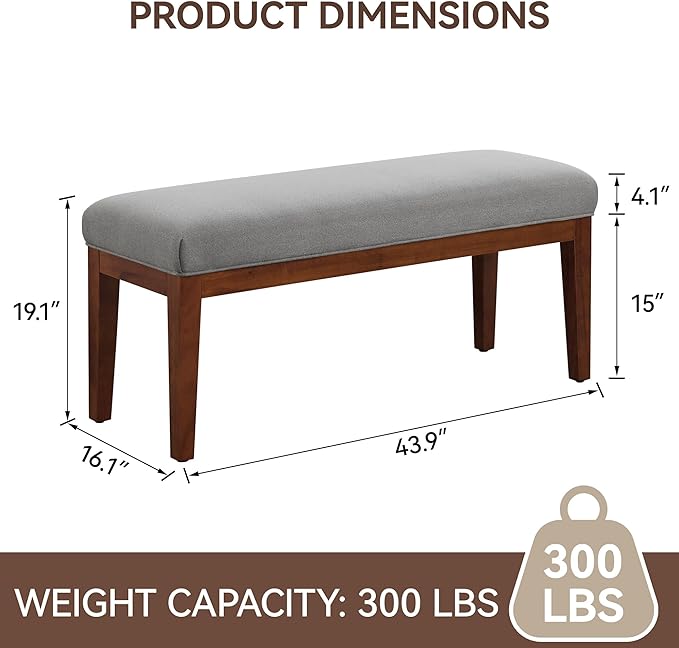 WUTUTUEE 43.5'' Linen Bedroom Bench, Upholstered End of Bed Bench, Padded Vintage Dining Bench, Entryway Bench with Solid Wood Legs, Kitchen, Living Room, Hallway, Light Grey