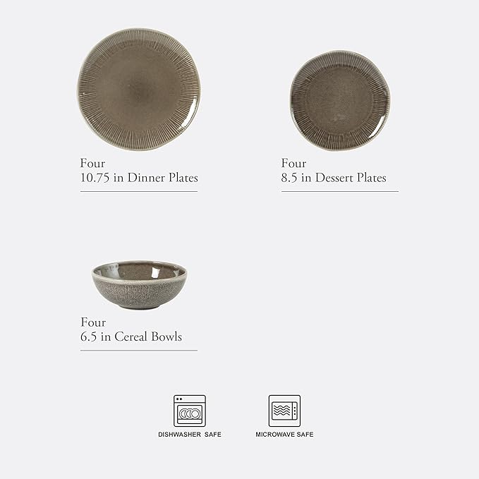 Gibson Elite Sandy Pines Stoneware Plates and Bowls Set - 12 Piece Reactive Glaze Dinnerware Set - Service for 4 - Dishwasher and Microwave Safe - Brown