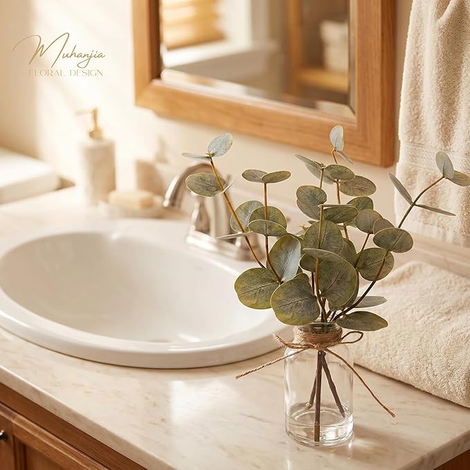 Muhanjia Artificial Eucalyptus Stems in Glass Vase with Faux Water,3Pcs Fake Plant with Double-Sided Green Leaves for Centerpiece(Double-Sided Green Eucalyptus)