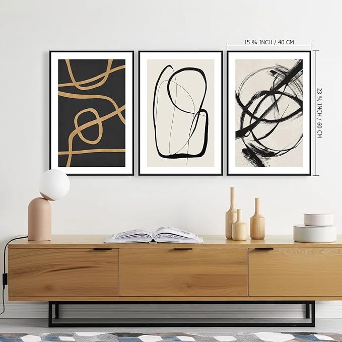 SAFERRYHOME Abstract Graffiti Black and White Wall Art Black and Gold Framed Canvas Print Set, Mid-Century Modern Geometric Sketches Lines for Living Room, Bedroom, Office - 3 Panels 16x24 Inch
